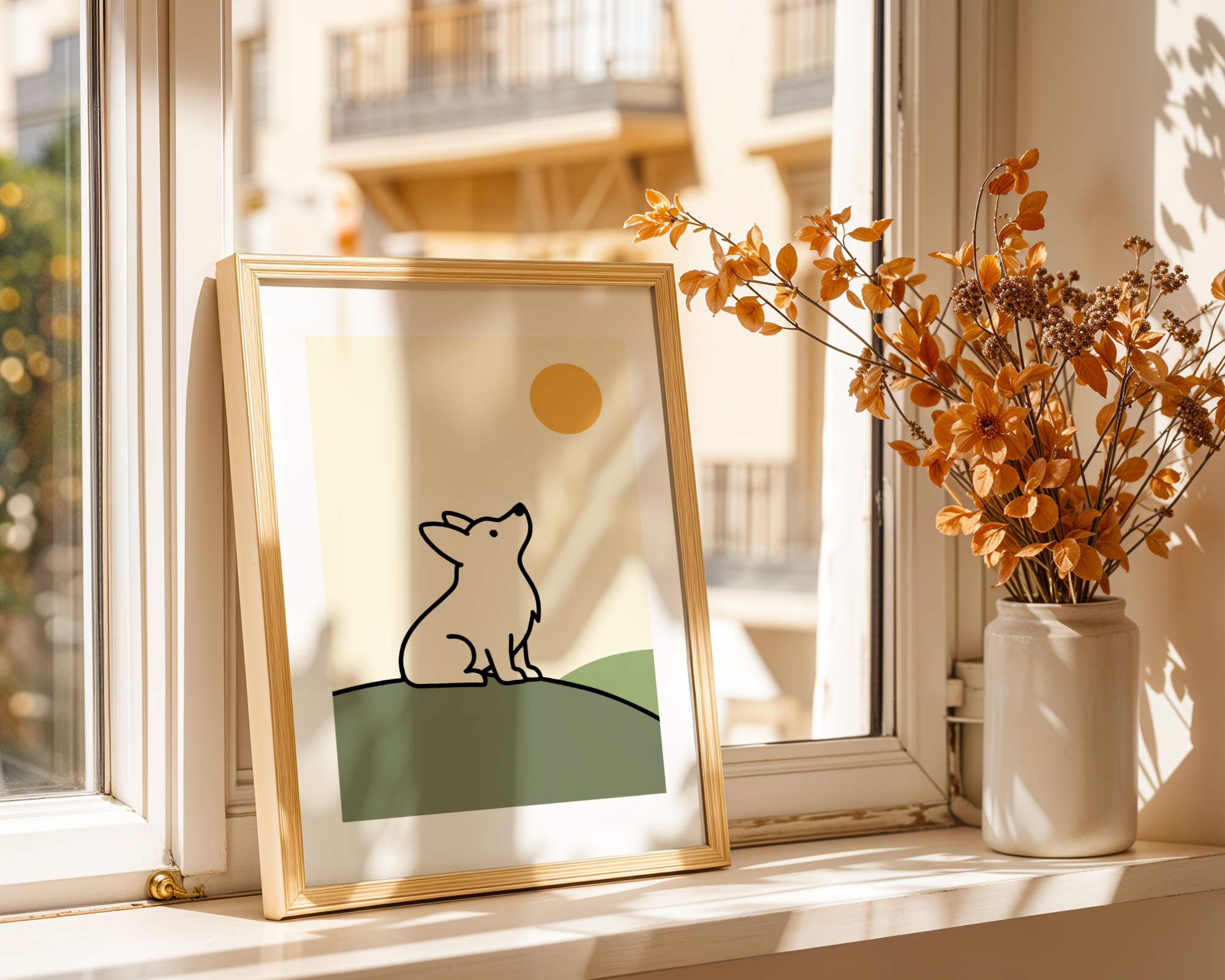 Sage & Sketch line-art prints arranged with eucalyptus and a sketching pencil on a warm cream surface.